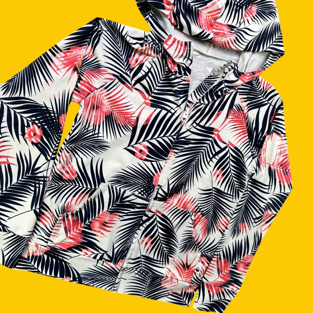 Helei Waho Rash Guard Hoodie Boy 140 White Tropical Palm Leaf Hibiscus Surf Top